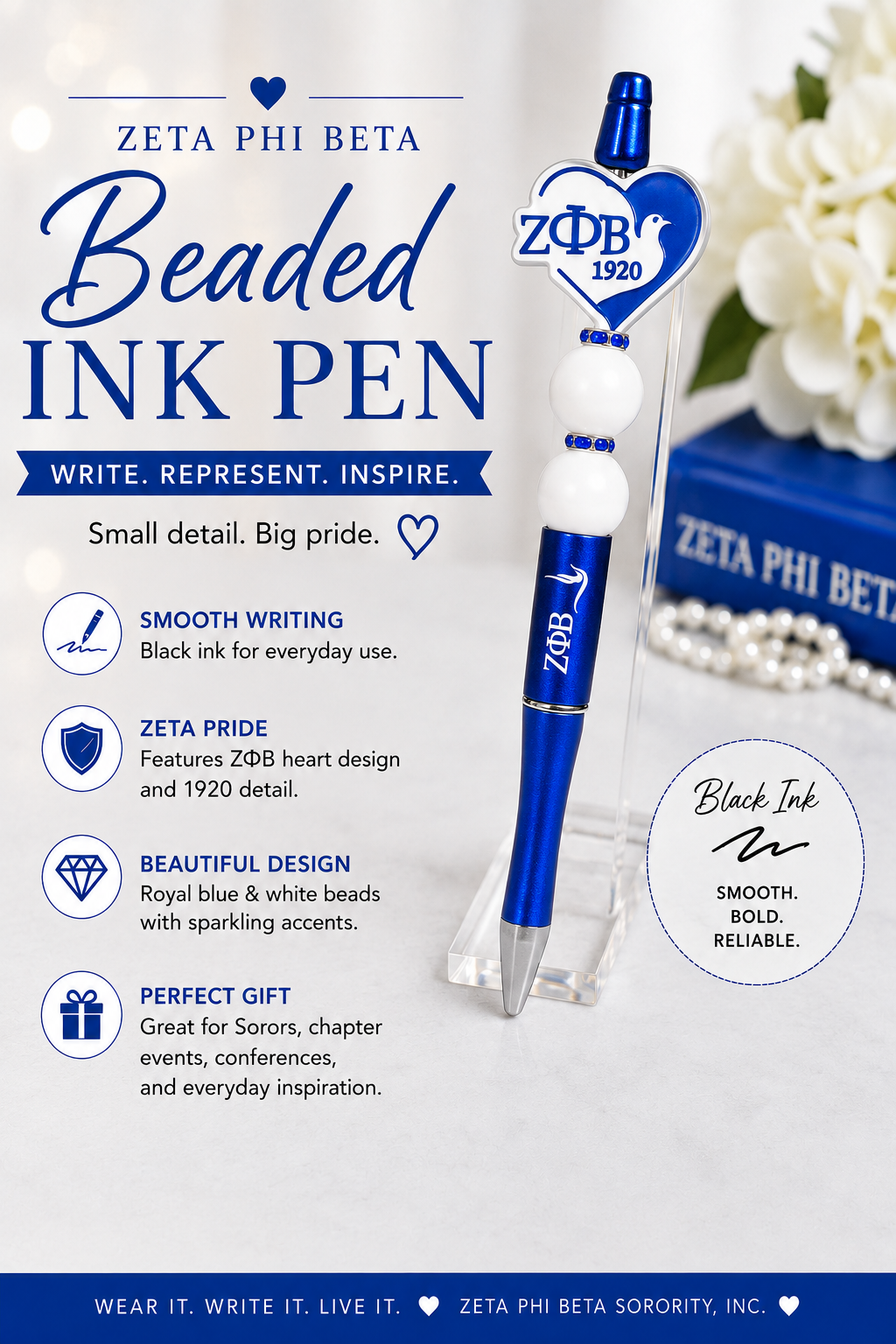 Zeta Phi Beta Beaded Ink Pen – Royal Blue & White Heart Design
