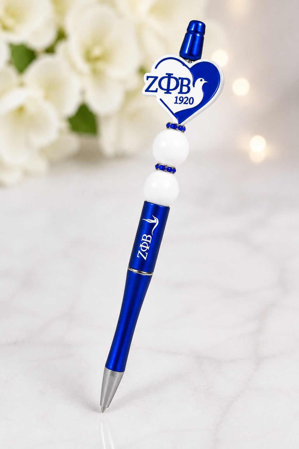 Zeta Phi Beta Beaded Ink Pen – Royal Blue & White Heart Design