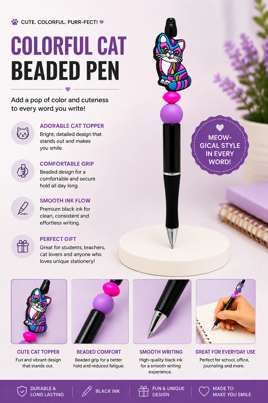 Colorful Cat Beaded Pen
