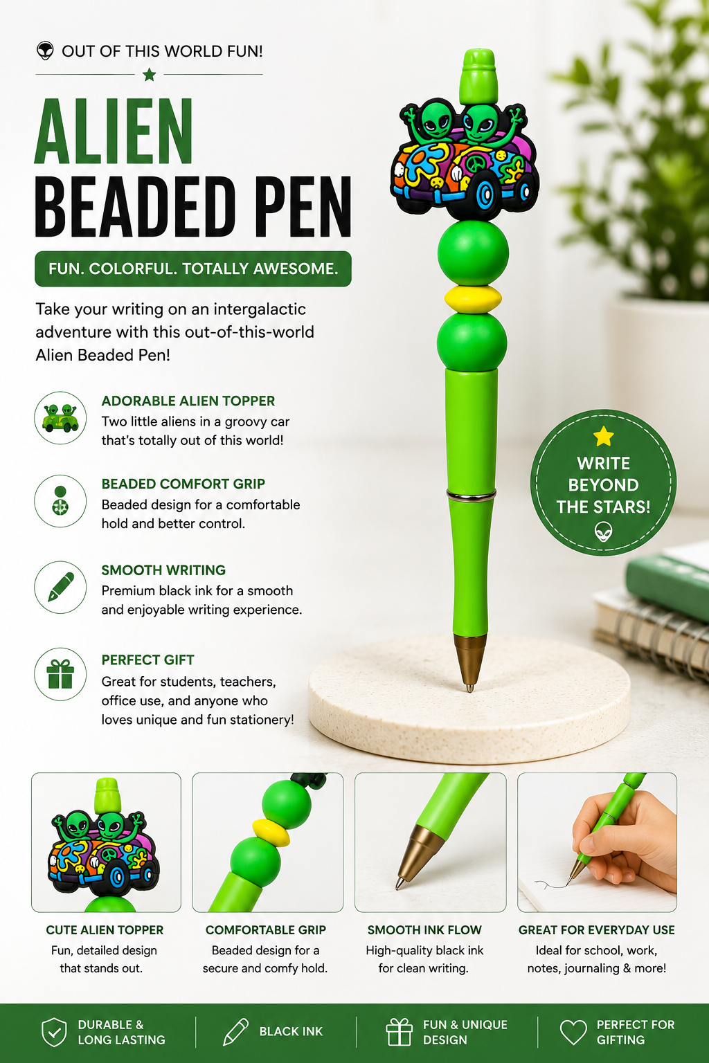 Alien Ride Beaded Ink Pen | Fun Novelty Charm Pen